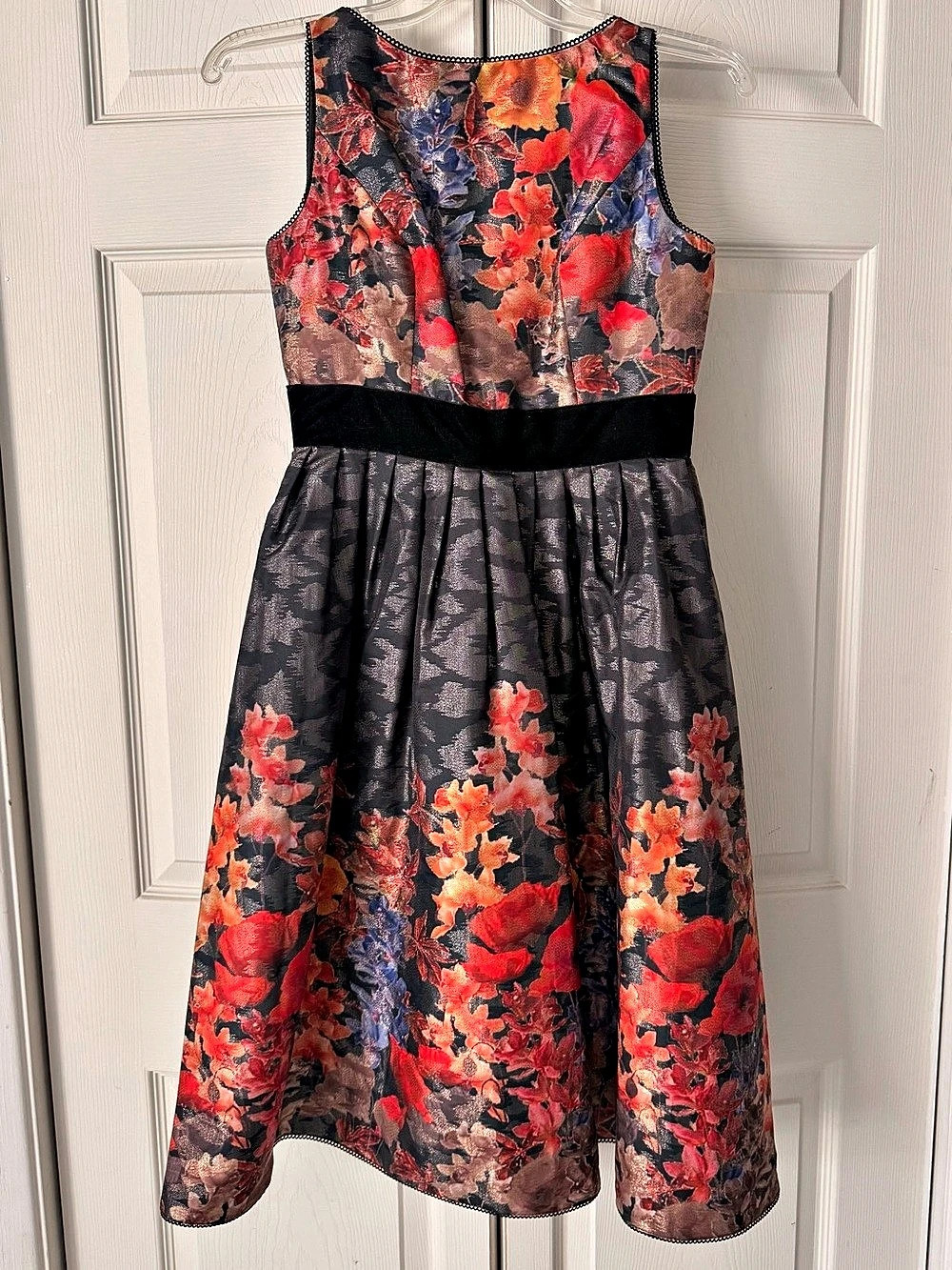 NWOT! Adrianna Papell Metallic Floral Jacquard Midi Dress w/pockets! Red-orange.